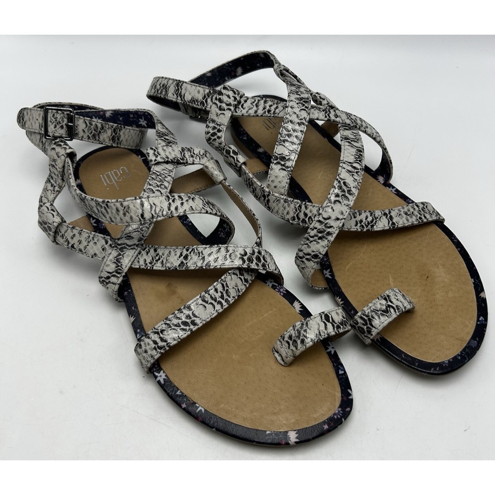 Cabi Sandals Women 7.5 M Athena Flat Snakeskin Print Ankle Wrap Toe Loop Leather